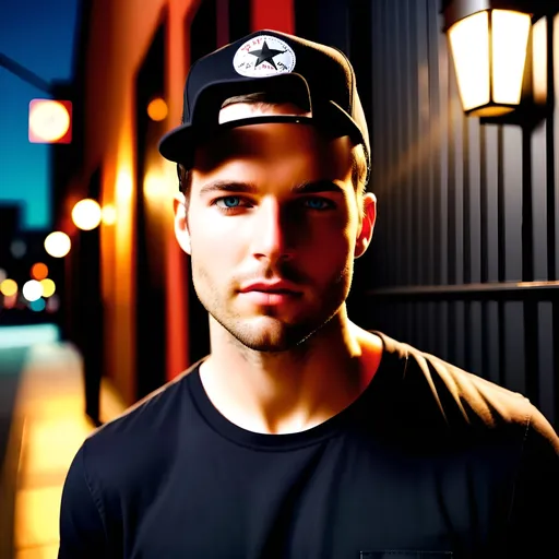 Prompt: A young light skin  American man wearing a black T-shirt and a black new era hat backwards, and black slim straight jeans with classic black and converse