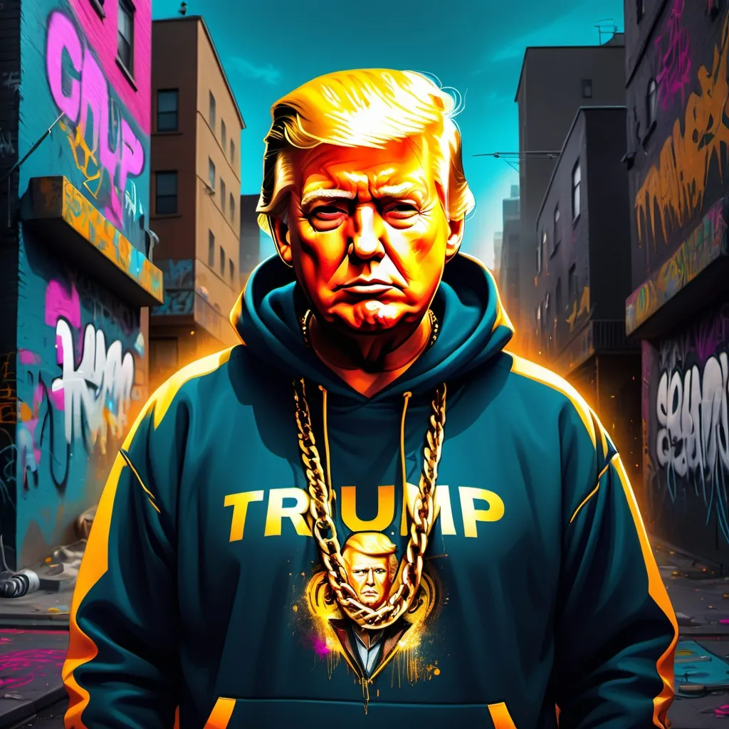 Prompt: Donald Trump with a hoodie and gold chains