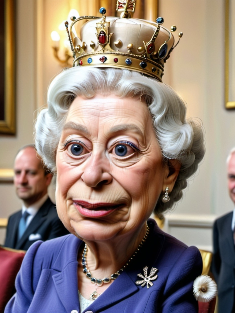 Prompt: cartoon painted caricature of the queen