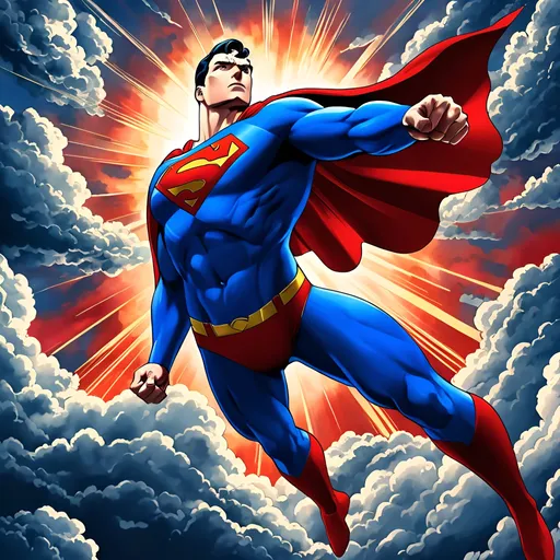 Prompt: (Superman, heroic pose, vibrant costume, (iconic symbol of hope), soaring through the sky, dramatic clouds, energetic atmosphere, intense blue and bright red color scheme, dynamic lighting, ultra-detailed, high definition, powerful and inspiring ambiance, reminiscent of classic comic book art, evoking feelings of strength and bravery)