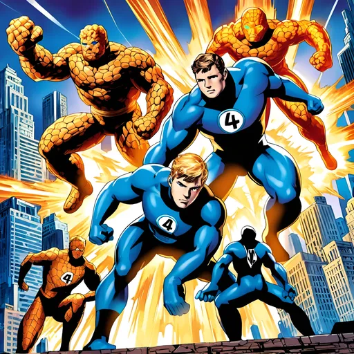 Prompt: (The Fantastic Four), vibrant comic book style, dynamic superhero poses, bold colors, high-energy action scene, intricate superhero costumes, city skyline background, dramatic shadows, showcasing powers in action, (ultra-detailed), distinct personalities reflected in expressions, bright lighting, engaging and exciting atmosphere, exciting adventure theme.