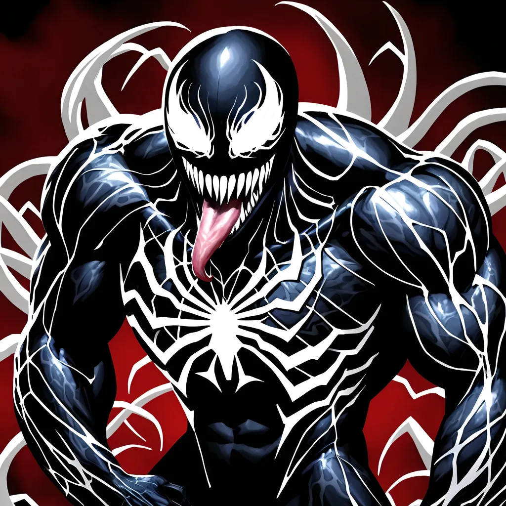 Prompt: “Create a detailed illustration of the villain Venom from the Marvel Universe. He is a large, muscular humanoid figure with a sleek black symbiote suit that has white spider-web patterns across the chest and back. His face is grotesque, with sharp white teeth, a long, sinuous tongue, and expressive, glowing white eyes. Venom’s form exudes a menacing aura, with tendrils of symbiote creeping around his body, hinting at his ability to shapeshift. The background should be dark and atmospheric, with hints of Gotham’s eerie skyline or a dark alley.”