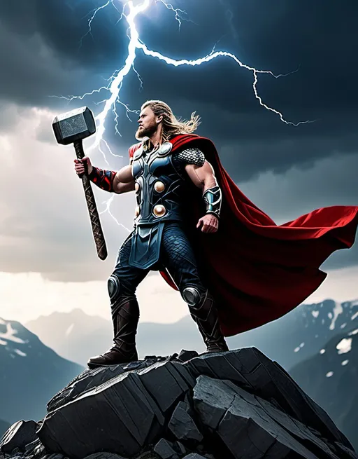 Prompt: Thor standing on a rugged mountain peak with his hammer, Mjolnir, raised to the sky, lightning striking around him, and his red cape and Viking armor adding to his imposing, godlike presence