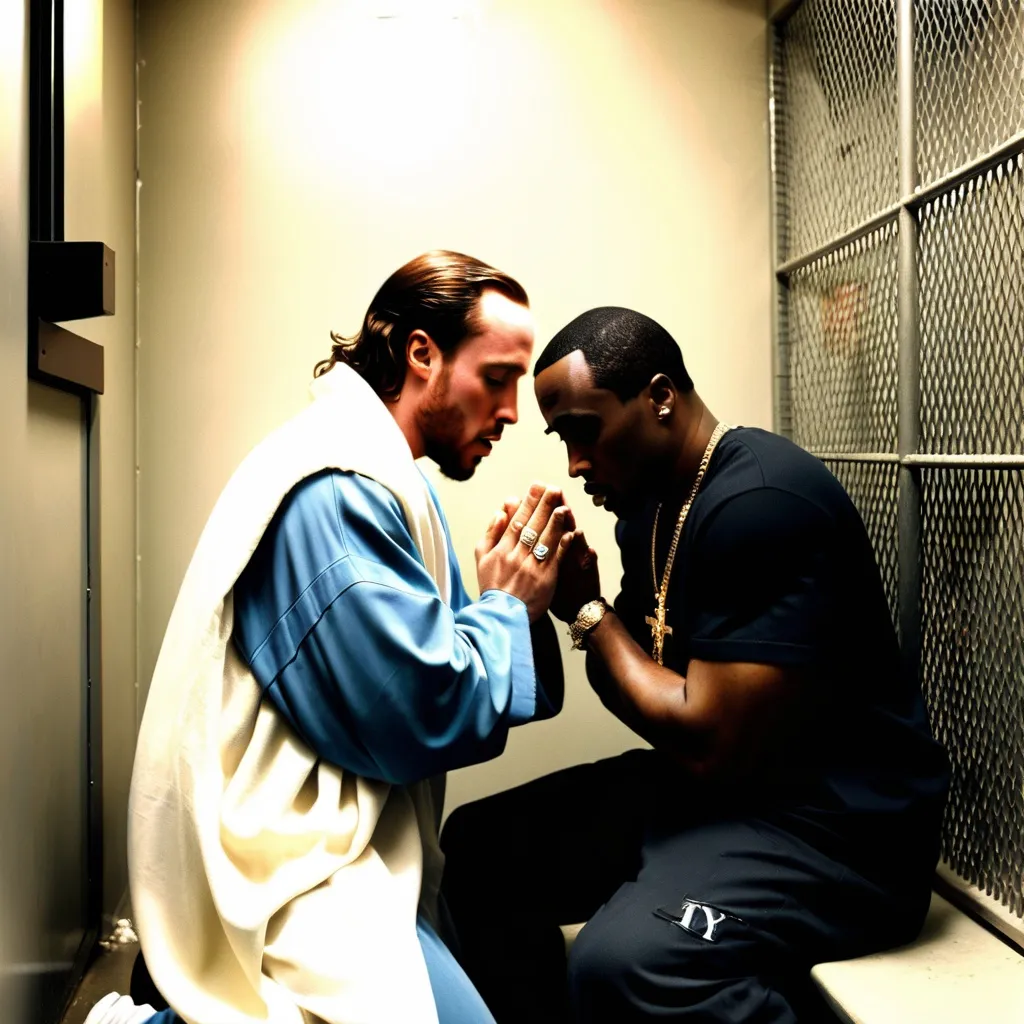 Prompt: Jesus praying in cell with rapper Sean Combs.