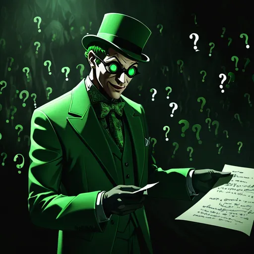 Prompt: The Riddler, (mysterious character), wearing a stylish green suit with question marks, a mask obscuring facial features, holding a riddling note. (Dark atmospheric) setting, ominous shadows and dim lights. (Intense and enigmatic) ambiance, illustrating his cunning nature. (4K), highly detailed, (cinematic lighting) to enhance the dramatic mood.