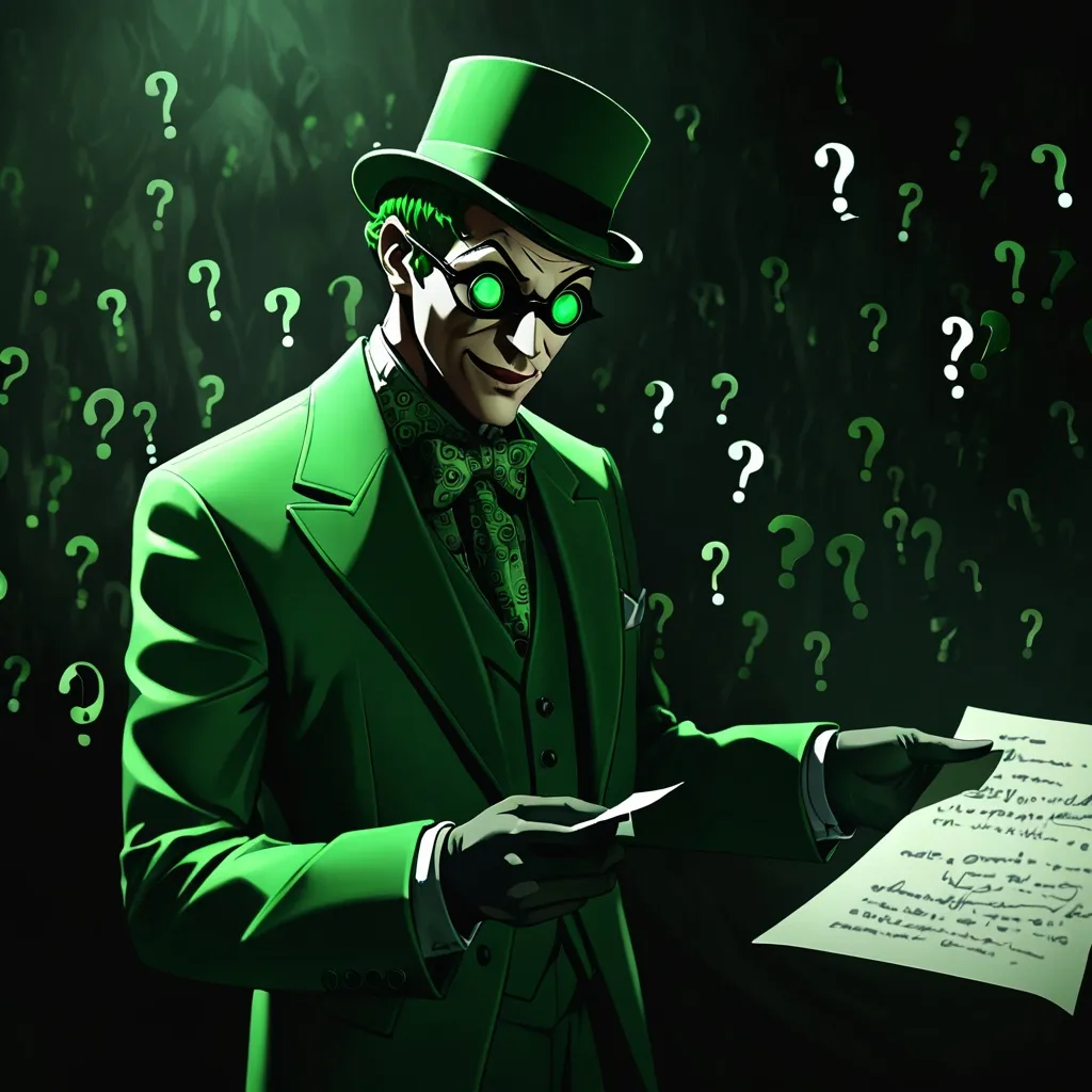 Prompt: The Riddler, (mysterious character), wearing a stylish green suit with question marks, a mask obscuring facial features, holding a riddling note. (Dark atmospheric) setting, ominous shadows and dim lights. (Intense and enigmatic) ambiance, illustrating his cunning nature. (4K), highly detailed, (cinematic lighting) to enhance the dramatic mood.