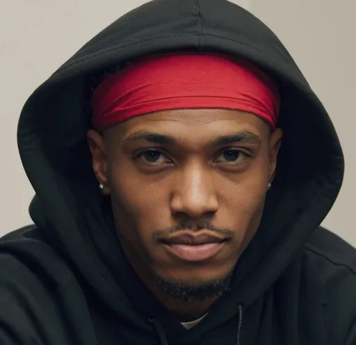 Prompt: a man with a red bandana on his head and a black hoodie on his head and a white wall behind him, Cosmo Alexander, harlem renaissance, profile picture, a screenshot