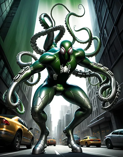 Prompt: (Doctor Octopus), dynamic pose, mechanical tentacles extending vividly, vibrant colors — shades of green and metallic silver, set against a futuristic urban background, dramatic lighting highlighting the action, visually striking contrasts, intensely focused expression, high-quality rendering, (ultra-detailed).