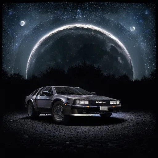 Prompt: The Delorean car flying at night, with all the stars and the milky way visible, and the moon at the center, with the shape of the delorean in front of the moon. Like the famouse picture of E.T.