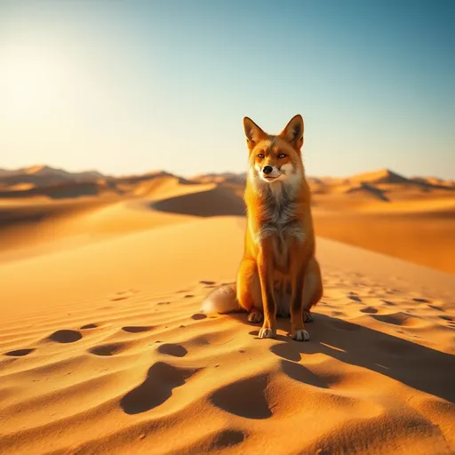 Prompt: (proud fox), sitting triumphantly in the desert, golden sand dunes stretching towards the horizon, vibrant warm colors, sharp contrasts, bright sun casting dramatic shadows, confident posture, striking orange fur illuminated by sunlight, a clear blue sky above, a sense of achievement and resilience, ultra-detailed, 4K quality, evokes a feeling of freedom and pride.