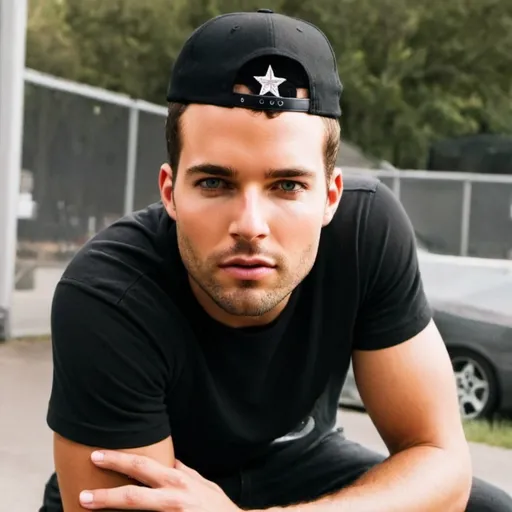 Prompt: A young light skin  American man wearing a black T-shirt and a black new era hat backwards, and black slim straight jeans with classic black and converse