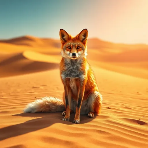 Prompt: (proud fox), sitting triumphantly in the desert, golden sand dunes stretching towards the horizon, vibrant warm colors, sharp contrasts, bright sun casting dramatic shadows, confident posture, striking orange fur illuminated by sunlight, a clear blue sky above, a sense of achievement and resilience, ultra-detailed, 4K quality, evokes a feeling of freedom and pride.