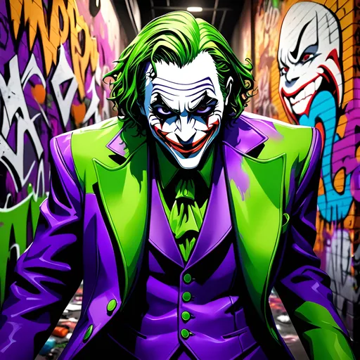 Prompt: The Joker, (iconic villain), (distorted grin), elaborate costume, vibrant colors of purple and green, chaotic ambiance, dramatic lighting highlighting facial features, urban graffiti background, playful shadows adding depth, dark humor theme, evoking a sense of mischief and unpredictability, ultra-detailed, 4K resolution, captivating and intense expression, immersive surroundings that reflect madness.