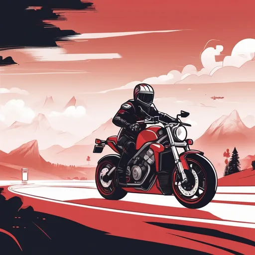 Prompt: A modern and clean illustration for the first onboarding screen of a motorcycle-themed app, Redline MC. The design should feature a rider on a motorcycle, wearing protective gear and a helmet, riding along a smooth road or through a scenic landscape. The background should be minimalistic with soft, neutral colors to highlight the rider and create a welcoming atmosphere. The character should be stylized but realistic, giving a sense of movement and energy. Include the app’s name 'Redline MC' in bold, modern typography. The design should be simple, engaging, and easy to understand, without any distractions, conveying the excitement of the motorcycle community.