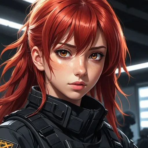 Prompt: Anime-style illustration of a young female, vibrant dyed red hair, intense brown eyes, black tactical gear, detailed hair reflections, highres, anime, vibrant colors, tactical style, detailed eyes, professional, atmospheric lighting, half body picture