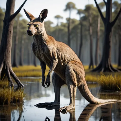 Prompt: Werewolf kangaroo in a swamp, detailed fur with eerie reflections, piercing yellow eyes, sharp tusks like a werewolf, lion-like claws, eerie swamp setting, highres, detailed fur, spooky, cool tones, mysterious lighting