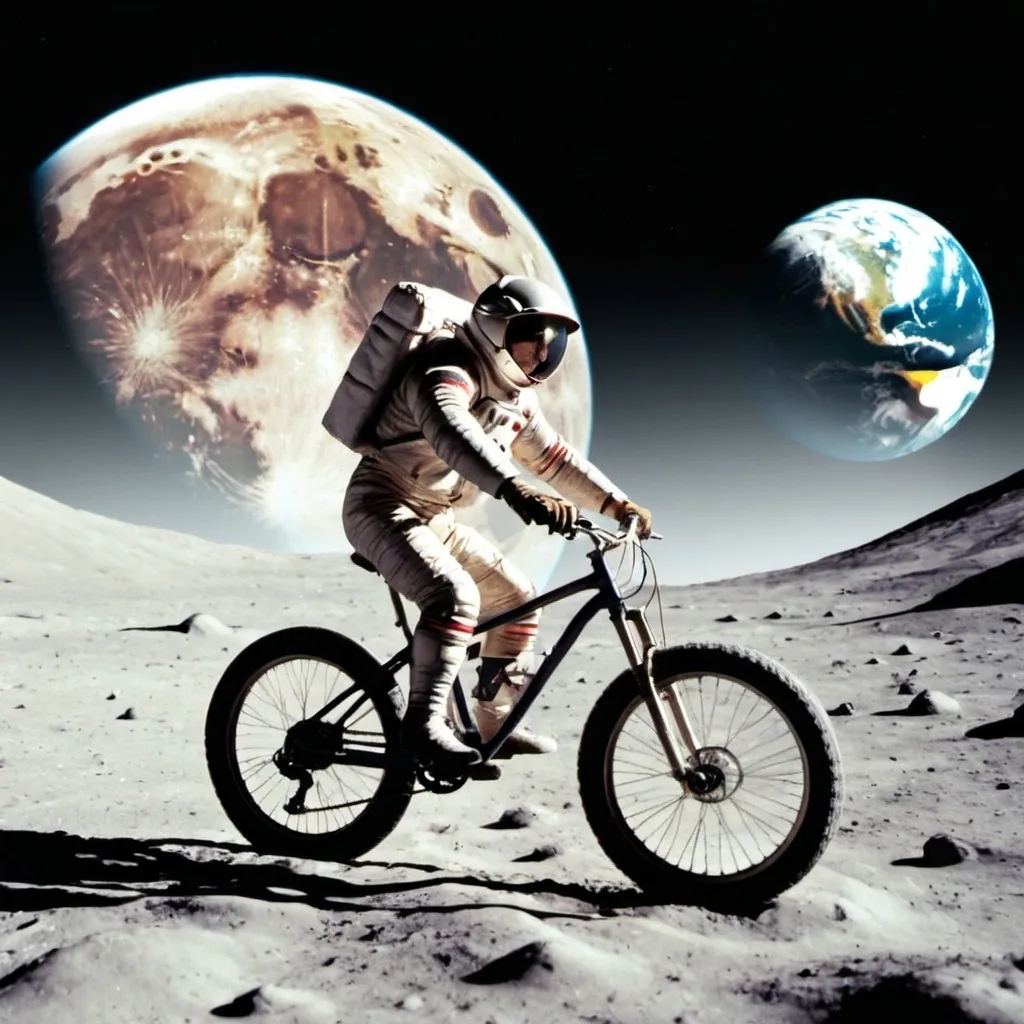 Prompt: Man riding a bike on the moon with Earth in the background 