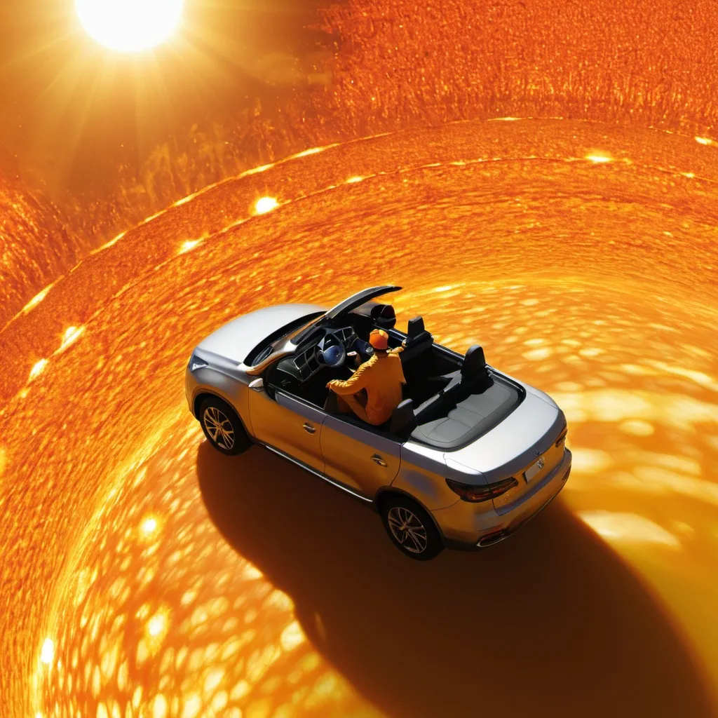 Prompt: Man riding a car around the surface of the sun