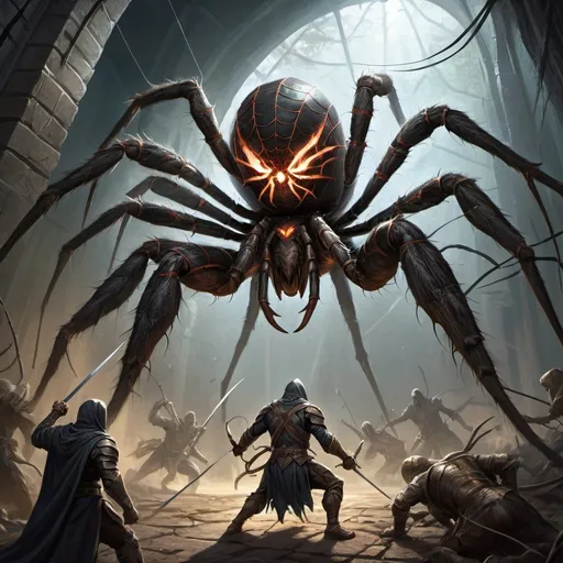 Prompt: Fantasy illustration of a man battling a giant spider, heroic pose, epic battle scene, mythical creatures, detailed armor and weapons, high-res, fantasy, action-packed, heroic, intense lighting, dramatic shadows, detailed spider eyes, fantasy art, mythical, battle scene, detailed fantasy setting