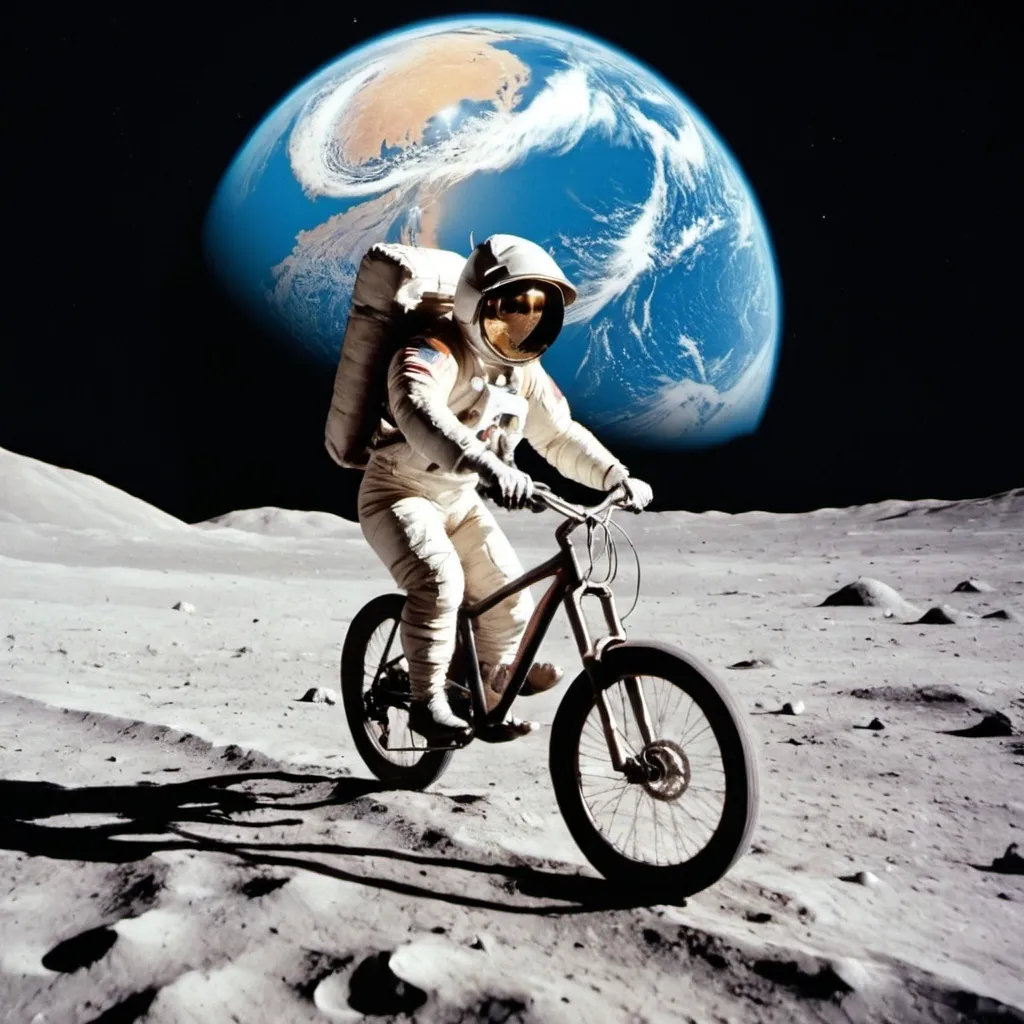 Prompt: Man riding a bike on the moon with Earth in the background 