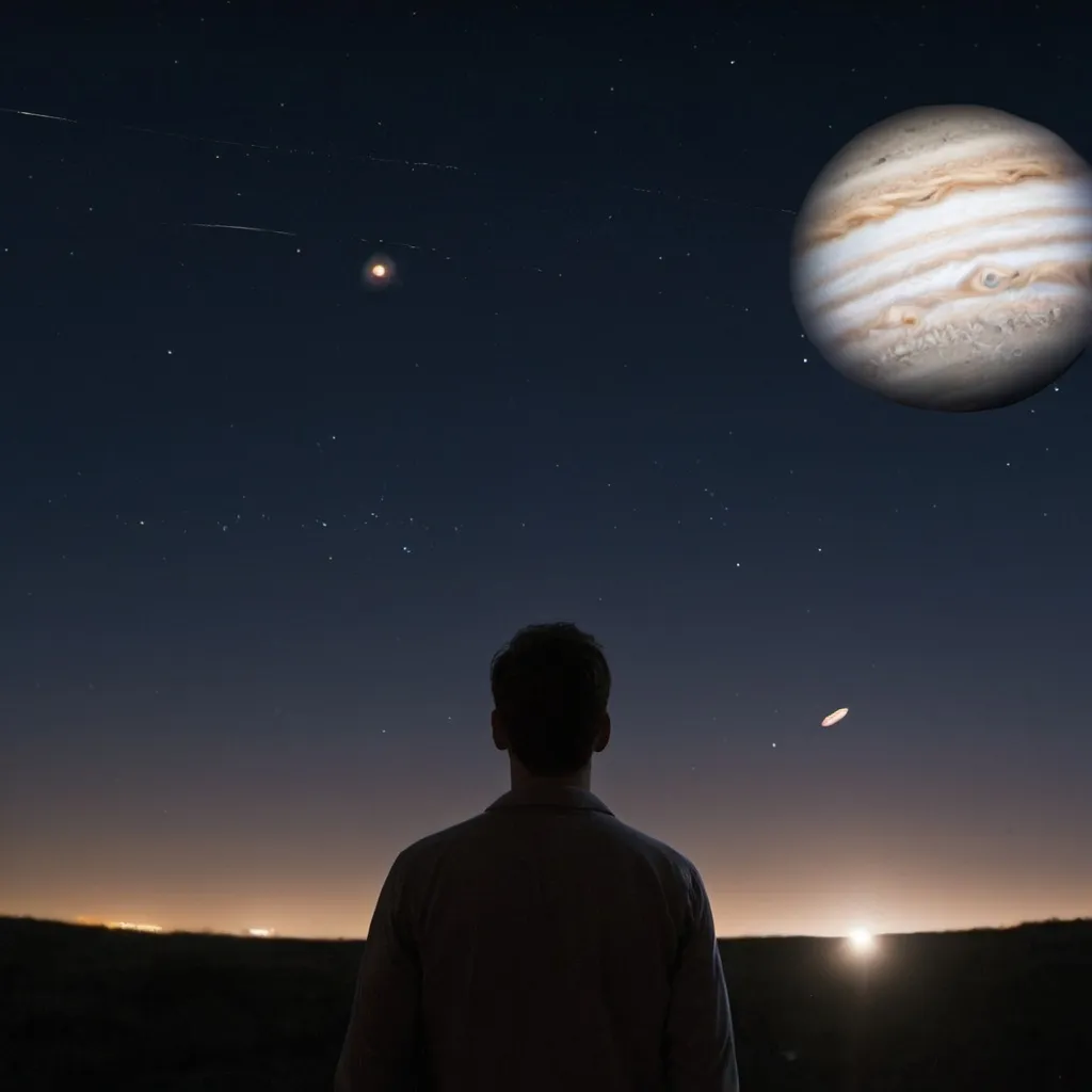 Prompt: Man looking up from Earth to see Jupiter 