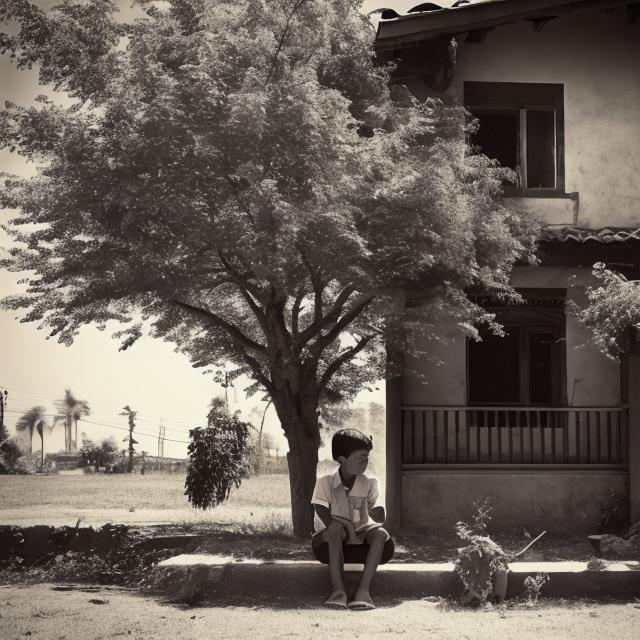 Prompt: 
a boy sitting a near a tree and my mom is a tree kitchen house