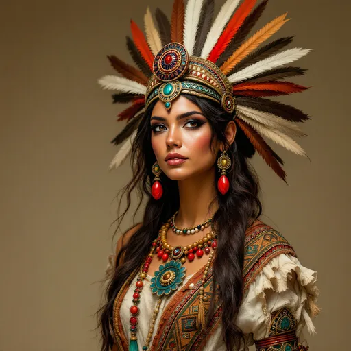 Prompt: diosa azteca con cabello marron, piel canela, con un penacho representativo y vestimenta nativa azteca 