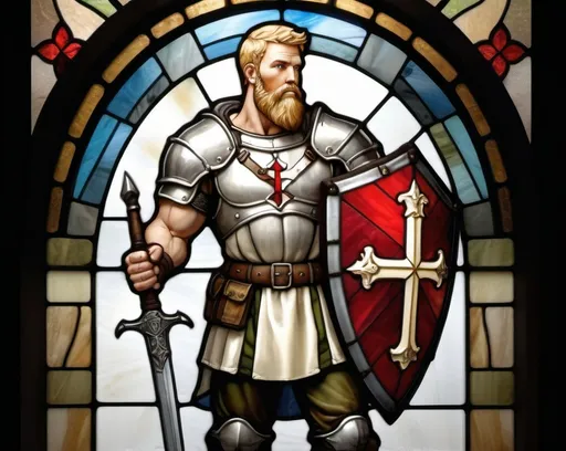 Prompt: A full body & legs portrait of a solidly muscular man, with blonde hair & trimmed beard, wearing tactical fatigues of pure white. He is holding a medieval shield in his left hand that has a red christian cross on a white background. His right hand is holding a golden sword. There is a golden disc as a halo behind his head.