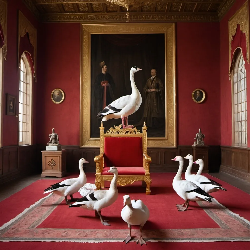 Prompt: goose on a gold throne with servants to the side of a red rug standing still inside of a large room with windows and portraits of goose