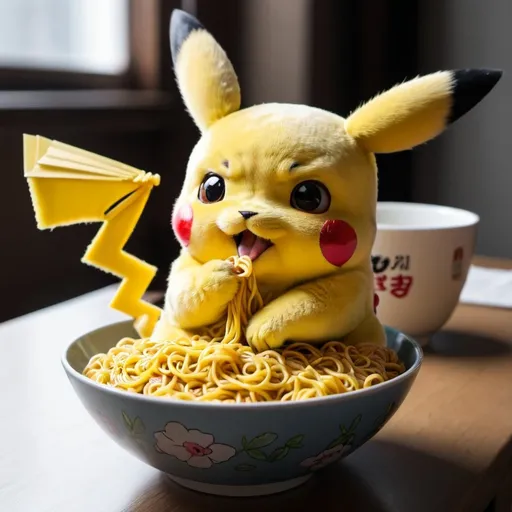 Prompt: pikachu eating noodles