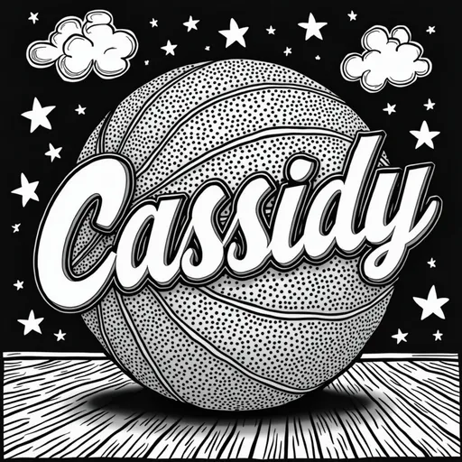 Prompt: create adult coloring book page 8.5x11 with just the exact word "Cassidy" and a sports basketball theme black and white with black background