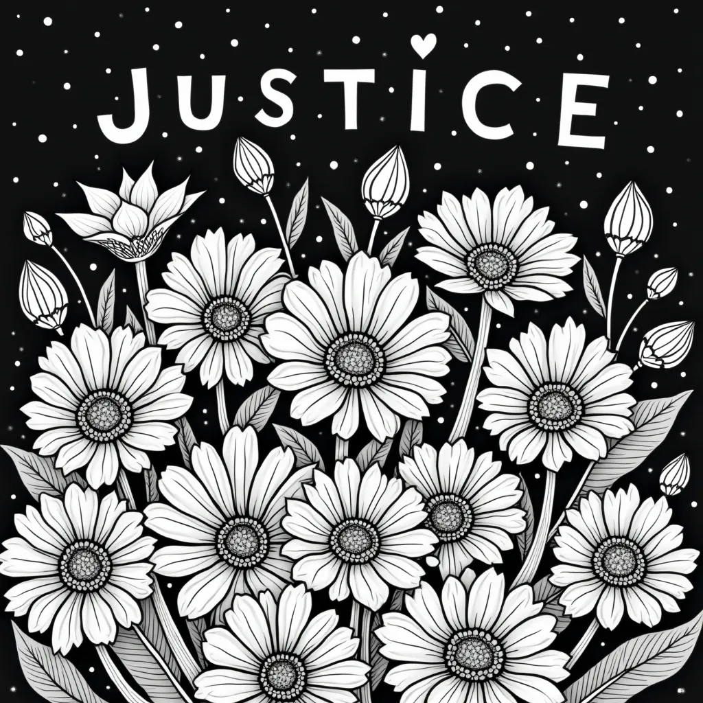 Prompt: black and white coloring page with an array of flowers, black background with the word Justice