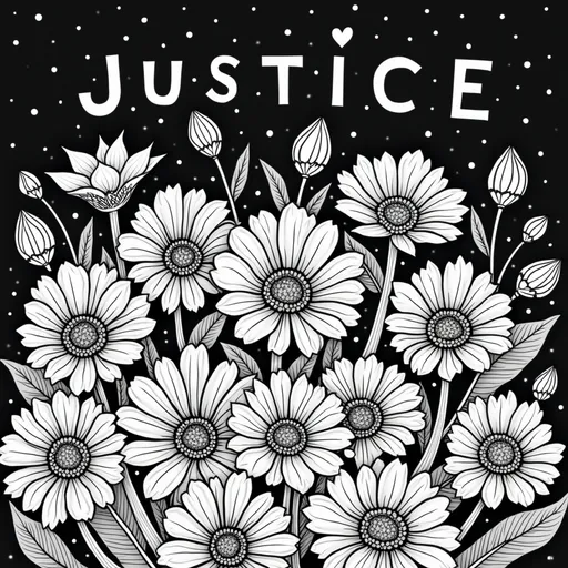 Prompt: black and white coloring page with an array of flowers, black background with the word Justice