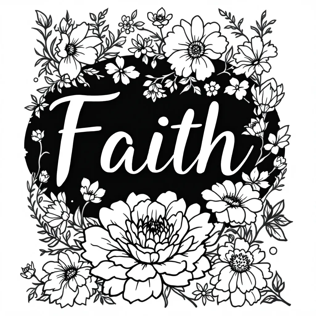 Prompt: create adult coloring book page 8.5x11 with just the word "Faith" and my name "Ebony"
 as the theme with florals black and white
