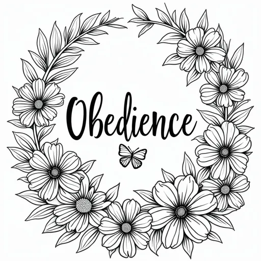 Prompt: coloring book page with black and white florals  with the word Obedience  , add filler flowers as well and a butterfly