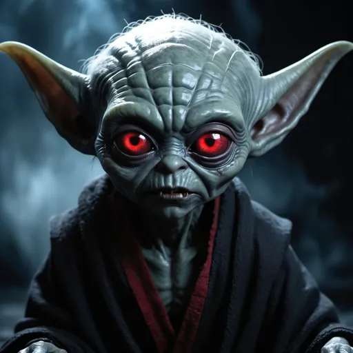 Prompt: Small, black and horror looking alien like yoda with smaller ears and vampire sharp teeth and blood red lips