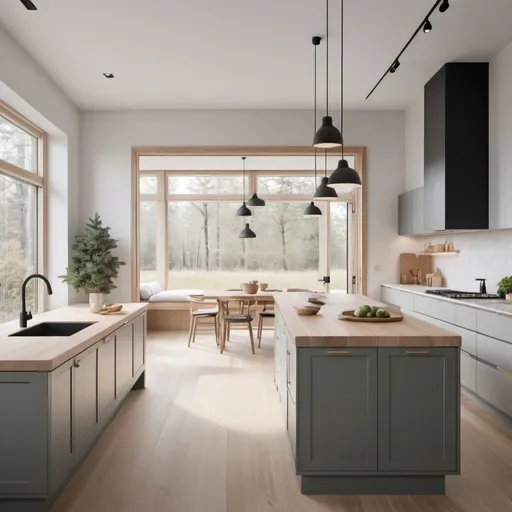 Prompt: A Scandinavian minimalist kitchen with white oak floors, dove white walls, evergreen fog cabinets, white oak cabinets, an island and maintaining an authentic Finnish look