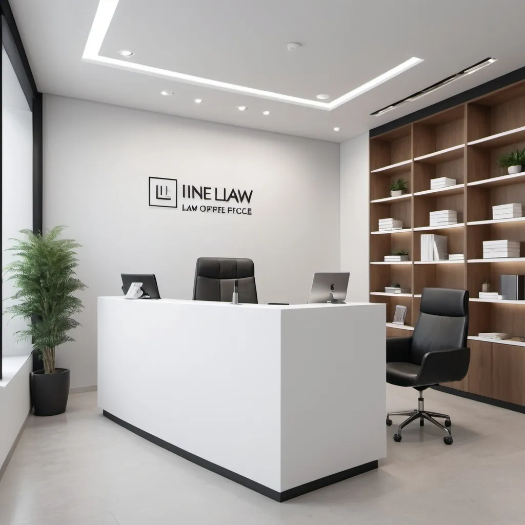 Prompt: Create modern white minimalistic law firm front office , with a little bit of zoom and make it realistic