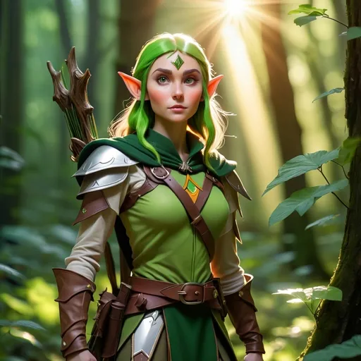 Prompt: Elf ranger in a mystical forest around sunlight