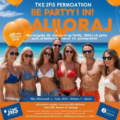 Prompt: PRomotion flyer for the party in Mallorca in 2025 for all the employees of JIS Nederland. We are going for a weekend with lots of party and drinks
