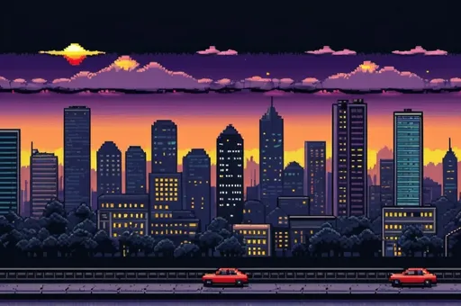 Prompt: Be right back screen in 8 bit style with city skyline