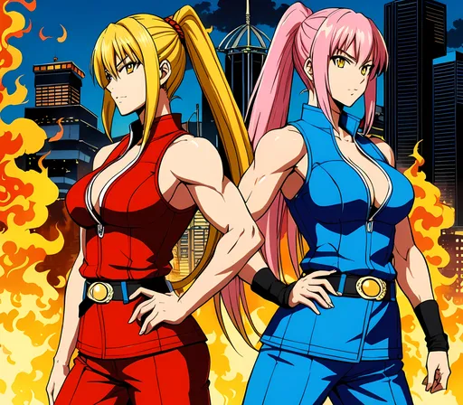 Prompt: two Double Dragon inspired muscle female anime characters (one in pink, the other in yellow) standing next to each other in front of a cityscape with flames in the background, Baiōken Eishun, neogeo, official art, concept art