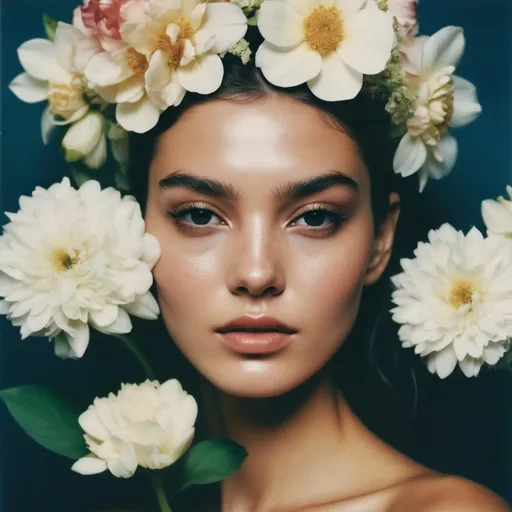 Prompt: Vogue magazine cover, zoomed out photo, model with flowers on her face, taken with polaroid film, luxury aesthetic