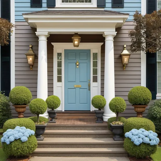 Prompt: a brown house with a pale blue door and brass hardware with lots of topiaries in front, colonial pale blue shutters, one story with white trim, Arlington Nelson Lindenmuth, arts and crafts movement, bright color palette, a digital rendering