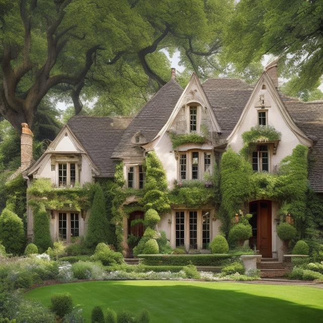 Prompt: EXTERIOR PROMPT - /IMAGINE a white french cottage style two story house with stone siding and light ivy accents surrounded by lush green trees, winding lush english style gardens, traditional, creams, light bronze and mahogany, symmetrical, timeless beauty, with rustic charm  Use photo hyper-realism, highly detailed, and high-resolution 16k. –ar 16:9 –v 5.2 –style raw