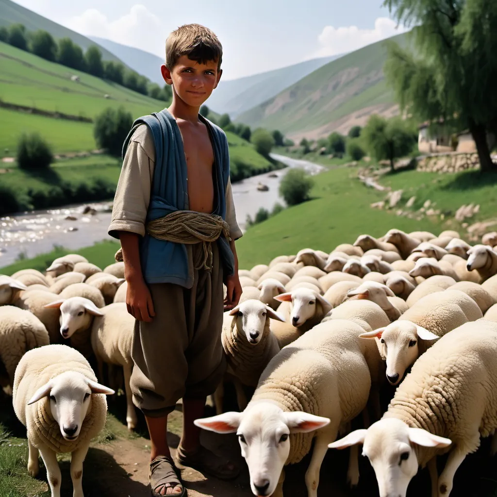 Prompt: In a small village, a shepherd boy named Alex tended his flock near a winding river