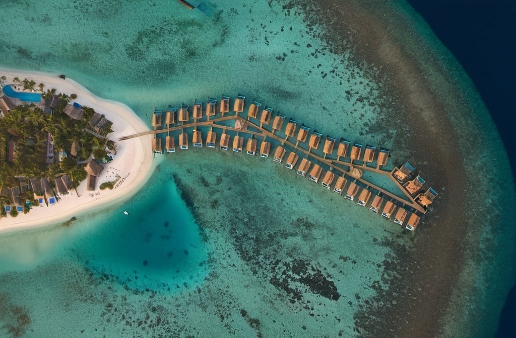 Prompt: an aerial view of a resort on a tropical island in the ocean with a dock and a beach house, Chris LaBrooy, hurufiyya, aerial view, a tilt shift photo