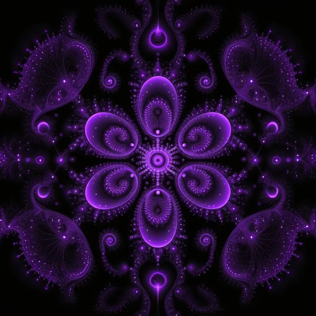 Prompt: **fractal life symbolism from neon dots on black background, hd, 3d, hq** - <@930928849393442827> (relaxed) mostly purple