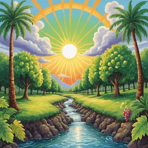 Prompt: Draw the sun in the middle of the sky between the clouds and there are forests, green trees, palm trees, grapes, and a water stream