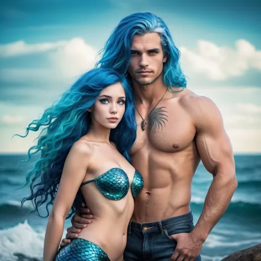 Prompt: beautiful mermaid woman with blue hair 
ocean background 
fantasy
with beautiful and strong bare chested man